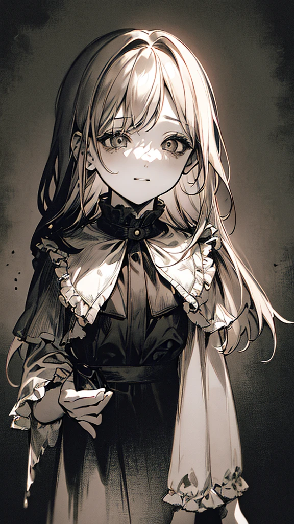 Highest quality, (Background details), High Contrast, Very beautiful  , Detailed original illustrations,very small stature、Baby Face、Villain、gnome,Villain、 Wavy platinum blonde hair、Bob Cut Hair、 Delicate face,  Spoiled brat、White sundress、Real breasts, Flat Chest、Crazy Smile, Crazy Eyes, Black background, (Black background: 1. 5), Beautiful line art, Monochrome