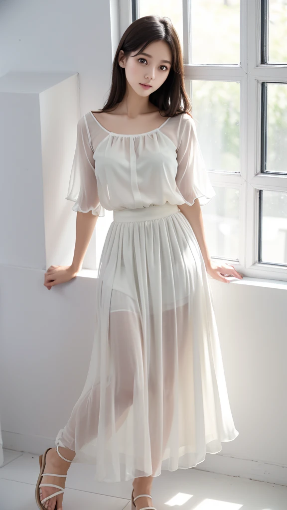 Chiffon blouse、Chiffon maxi skirt 、White Room、(Highest quality)、((Very detailed))、4K、(8K)、masterpiece、Very detailedな、Highest quality、Super Resolution、1 person、Kind Face、Soft Light、RAW quality、Soft Skin、163cm、30 years old、Sandals