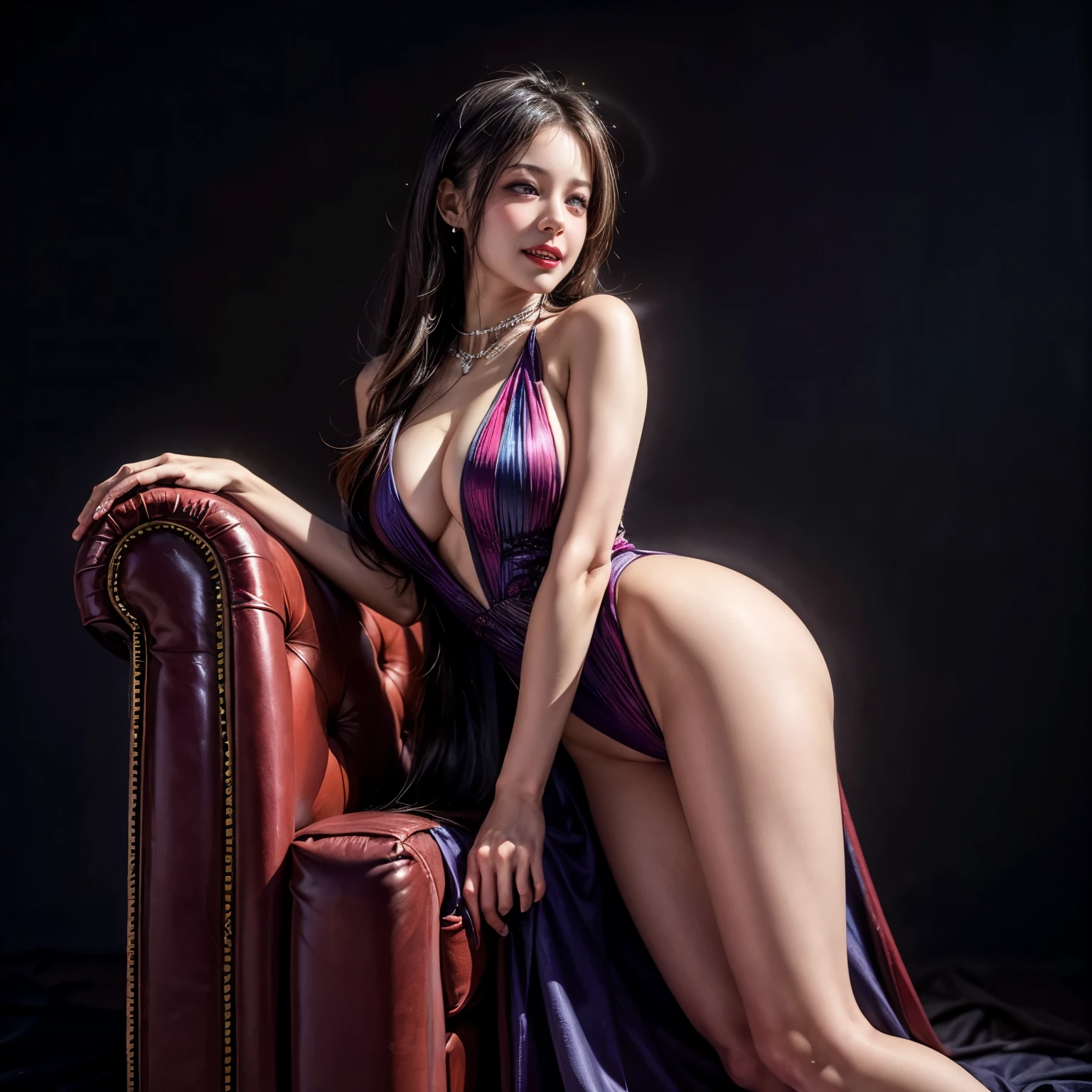 ExtremelyDetailed (Stunning Girls) in a bold and sexy dress with Full laced up sides, detailed (KAWAII facial features), (realistic ProfessionalPhoto:1.37)(8k TopQuality Masterpiece:1.22) PerfectLighting, Radiant PearlSkin with Transparency Detailed folds and textures of Dress, elegant fashion photography, Overflowing Gigantic Sideboob (FullBody (from side below)) {(Clearly Visible Beautiful Breast to Buttocks Line)|Armpit|Arm up|RedLeather Couch|RedVelvet Carpet} (Exposed:0.66), (TyndallEffect) Studio Dark Gray background with (Dazzling NeonColor Particles:1.32) (Acutance:0.8)