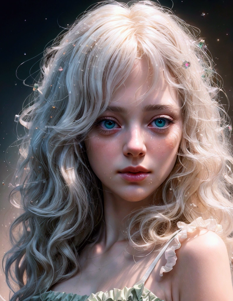 (The upper body of a woman wearing a green frilly sleeveless shirt), Surrealism, a digital way of facing reality, (Beautiful face_Delicate features, clear and pale skin), Long white hair, Objects spaced out, (Girl of Light_ Body line made of transparent luminous body ), (gem_particle, outline: 1.2), light_line, light, light particle, (girl made of lines of light: 1.3, wearing lines of light), density of lines, (flaming white blonde hair_messy Thick wavy hair, lines of light), (highest quality, 4k, 8k, high resolution, masterpiece: 1.2), ultra-detailed, (realistic, realistic, realistic: 1.37), HDR, UHD, studio lighting, sharp focus, physically based Renderings, highly detailed descriptions, professional, vivid colors,
