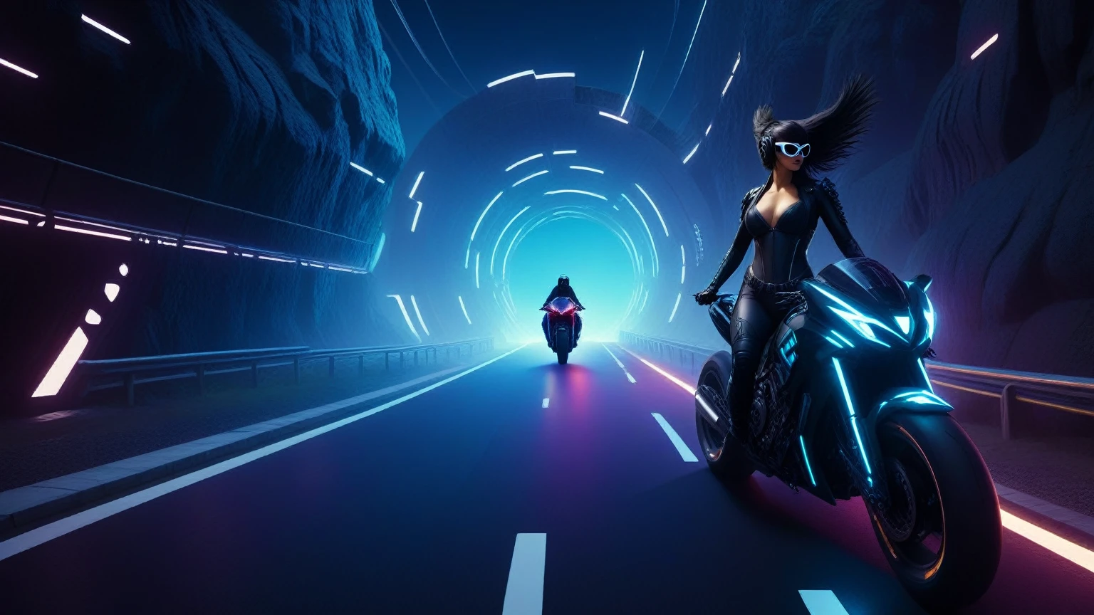 C7b3rp0nkStyle, dark night, prehistoric maze mysterial park, moai statue, waterfall, eagle, cyberpunk, sci-fi, futuristic, tech. (((((1girl, solo, alone, superbiker, close-up superbike shot))))), medium-breast:1.1 slim body, cleavage, sexy clothes, (headphone, black sunglasses, long black realistic hair), (((superbike riding and holding pistol poses))), half-body thigh level medium shot, cinematic lighting, lens flare, ray tracing.
