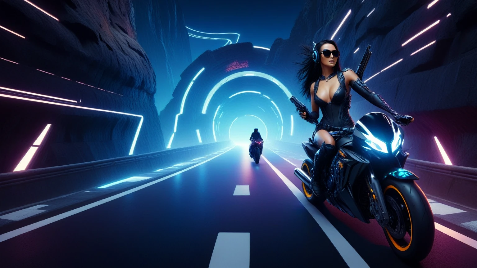 C7b3rp0nkStyle, dark night, prehistoric maze mysterial park, moai statue, waterfall, eagle, cyberpunk, sci-fi, futuristic, tech. (((((1girl, solo, alone, superbiker, close-up superbike shot))))), medium-??????:1.1 slim body, cleavage, ???? clothes, (headphone, black sunglasses, long black realistic hair), (((superbike riding and holding pistol poses))), half-body thigh level medium shot, cinematic lighting, lens flare, ray tracing.
