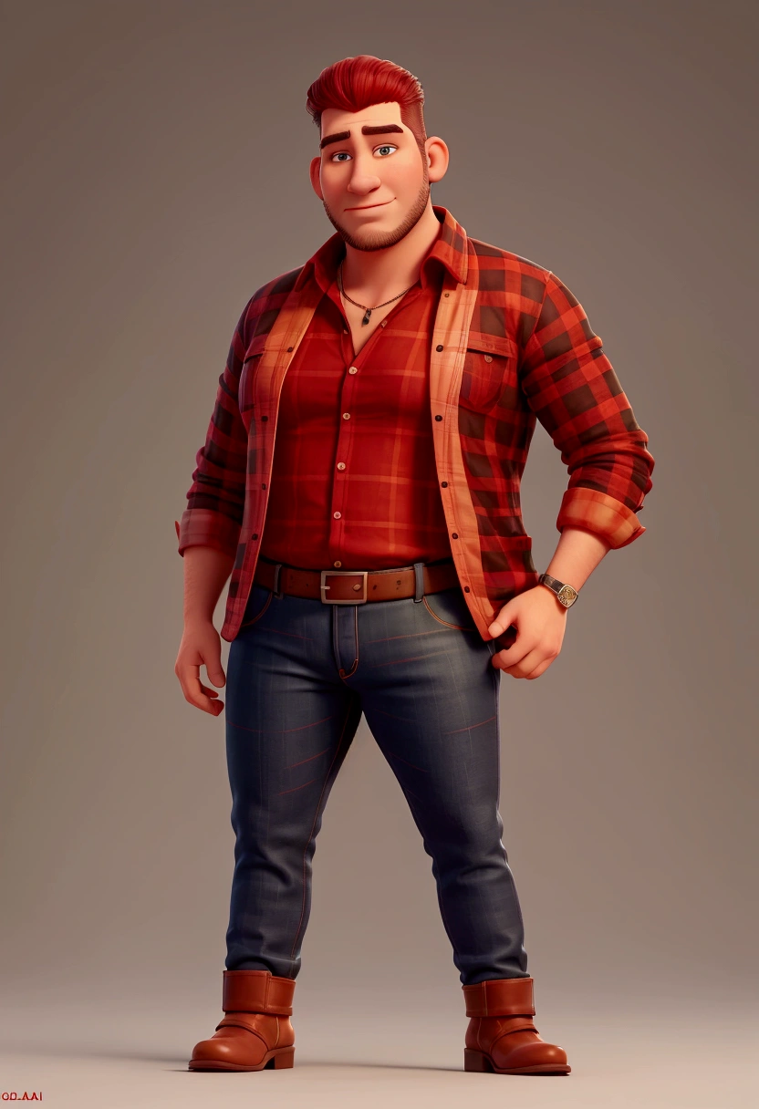 Tall man, Caucasian skin, baldie, fatter, no right ear, cicatriz, wearing a red and black checkered blouse, jeans and leather boots. with a bully pose