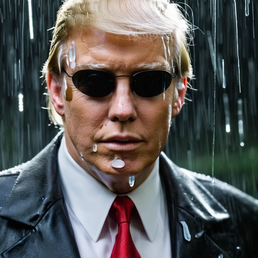 cinematic film still of Donald Trump posing as Neo in Matrix film, posing in a heroic-style, using hand telepathy to hold dozens of bullets coming through him, he is wearing black sunglasses, super-neat hair, black-leather jacket, male-focused, realistic, raining, slow-mo effect, can see the droplets of rain and bullets froze in front of him,