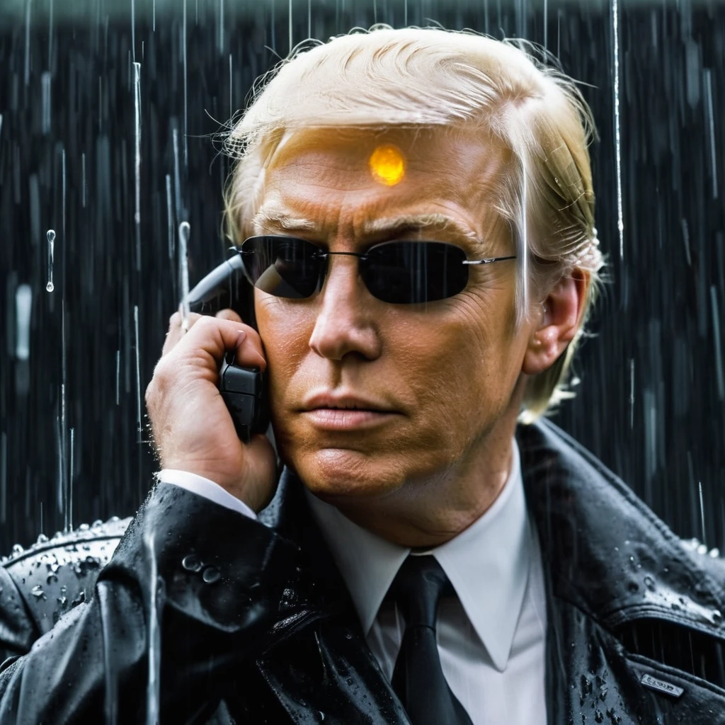 cinematic film still of Donald Trump posing as Neo in Matrix film, posing in a heroic-style, using hand telepathy to hold dozens of bullets coming through him, he is wearing black sunglasses, super-neat hair, black-leather jacket, male-focused, realistic, raining, slow-mo effect, can see the droplets of rain and bullets froze in front of him,