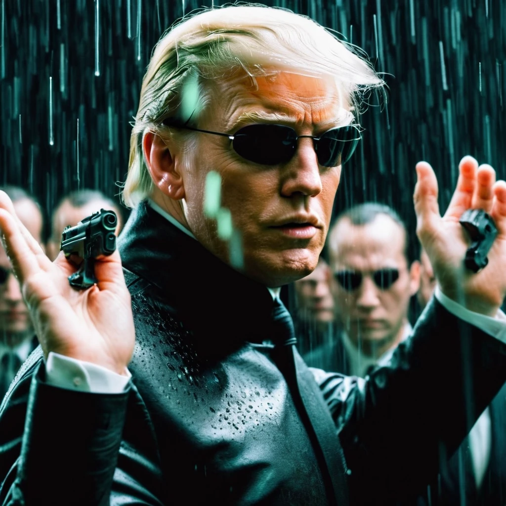 cinematic film still of Donald Trump posing as Neo in Matrix film, posing in a heroic-style, using hand telepathy to hold dozens of bullets coming through him, he is wearing black sunglasses, super-neat hair, black-leather jacket, male-focused, realistic, raining, slow-mo effect, can see the droplets of rain and bullets froze in front of him,