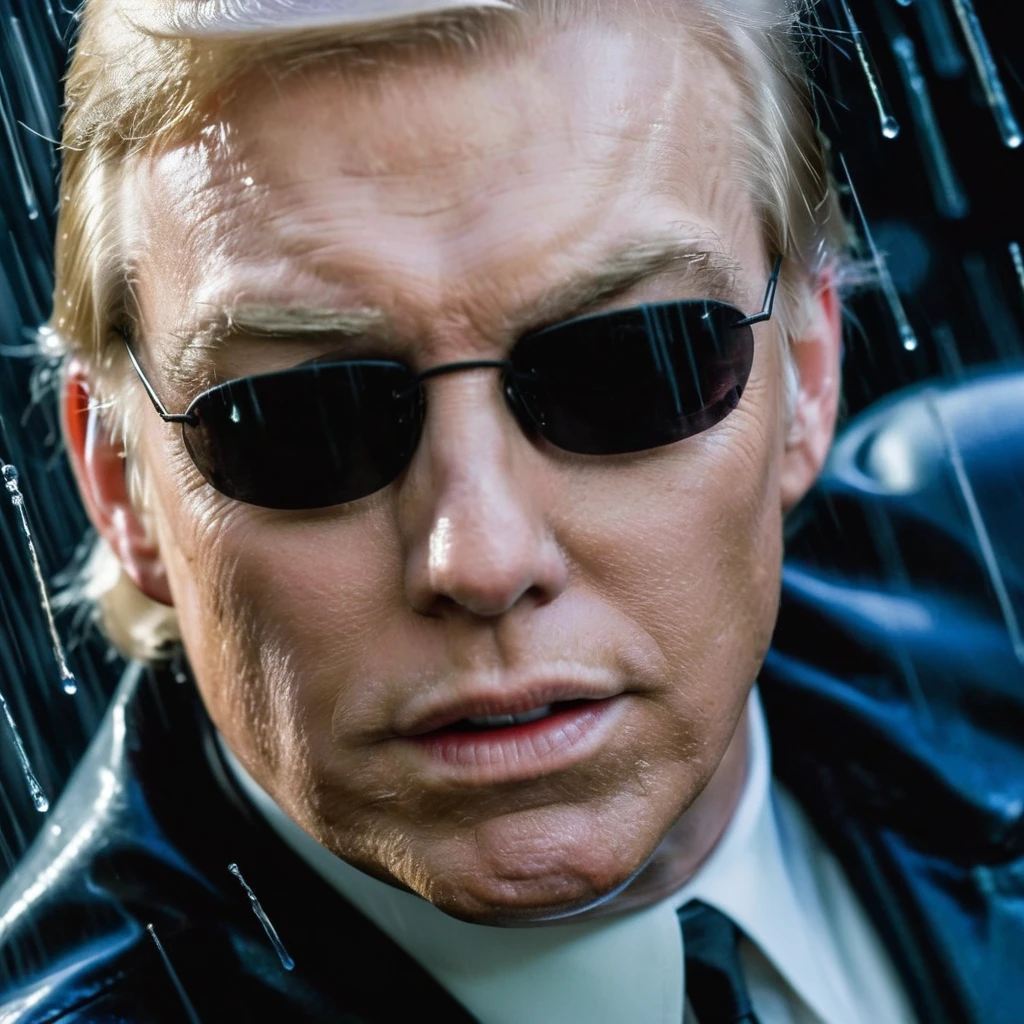 cinematic film still of Donald Trump posing as Neo in Matrix film, posing in a heroic-style, using hand telepathy to hold dozens of bullets coming through him, he is wearing black sunglasses, super-neat hair, black-leather jacket, male-focused, realistic, raining, slow-mo effect, can see the droplets of rain and bullets froze in front of him,