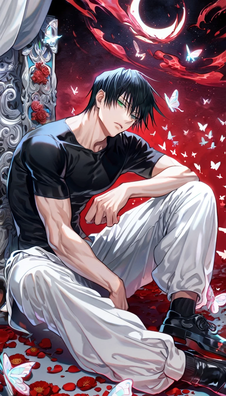 absurdres, highres, ultra detailed, HDR, master piece, extremely detailed, Fushiguro Touji, black straight hair, expressive green eyes, Jujutsu Kaisen, sexy man, handsome, best quality, crescent moon, red flowers, fantasy, magical, solo, red water, red shining fireflies, red petals, sitting, silver small butterflies, red dust, black tight shirt, white baggy pants