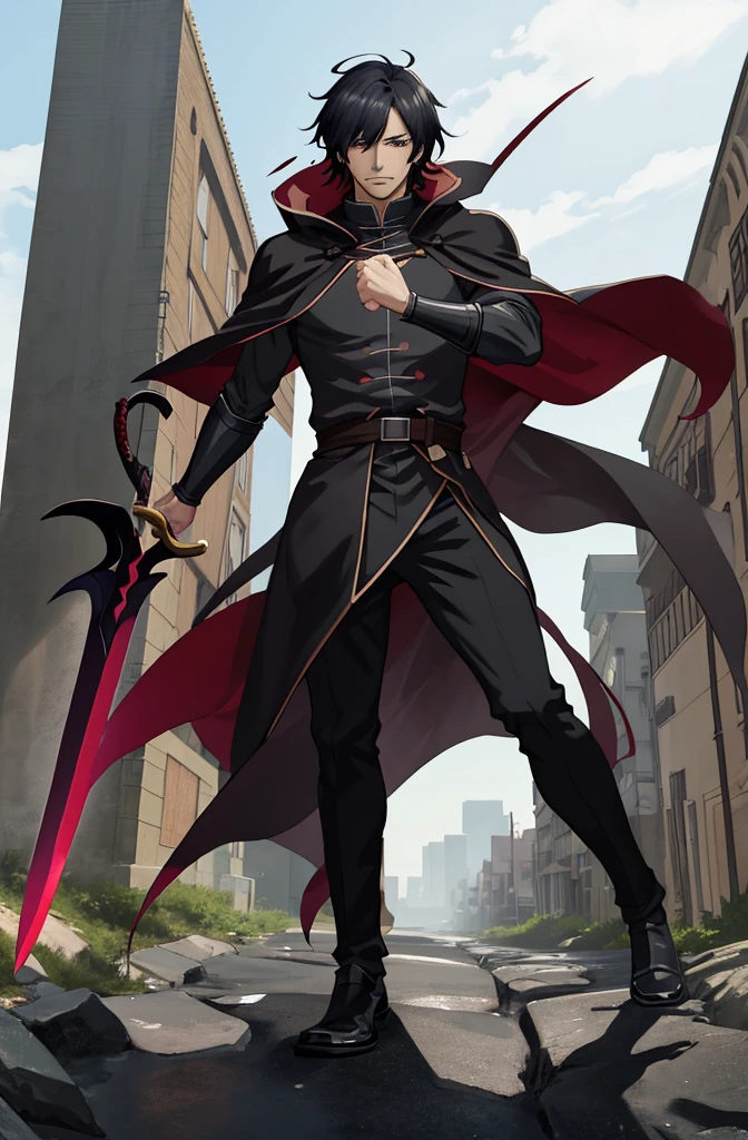 a man in a black cloak holding a sword in a city, 坏蛋动漫8 K, Anime Wallpaper 4k, 4k anime wallpapers, Anime Art Wallpaper 4K, 4k anime wallpaper, Anime Art Wallpaper 4K, Anime Art Wallpaper 8K, handsome guy in demon slayer art, anime epic artwork, 4K anime-style, demon slayer artstyle