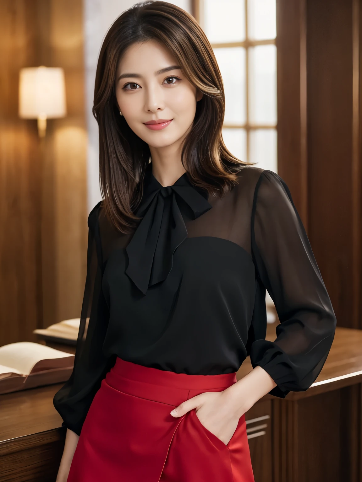 (Raw Photo), (Photorealsitic), (Masterpiece), (Best Quality), High Resolution, 8K, (Intricate Details), (Voluminous Light), Portrait, Female, (50 Years Old), Medium Straight Hair, Layered hair, brown hair, very fine eyes, source order, very fine eyebrows, very fine skin, very fine mouth, very fine nose, like an idol, happy smile, (thick lips), (looking at the viewer), (elegant vivid vermilion blouse, black skirt), waist shot, (Random body orientation),