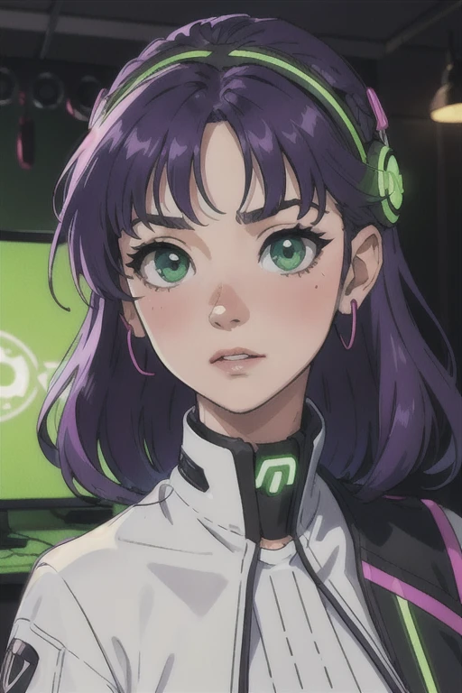 work of art, best qualityer, 4K, standing alone, 20 year, 1 girl, neon gamer room background, beautiful  face,  side of the face 3/4, beautfull woman, Realistic Anime, shorth hair, wavy, middle-parted bangs, fantasy purple hair, blue headset on head, long eyelashes, lime green eyes, surprise amazement, blush on cheeks, position 3/4 of the face, light green blouse, photo pose with face turned to the side