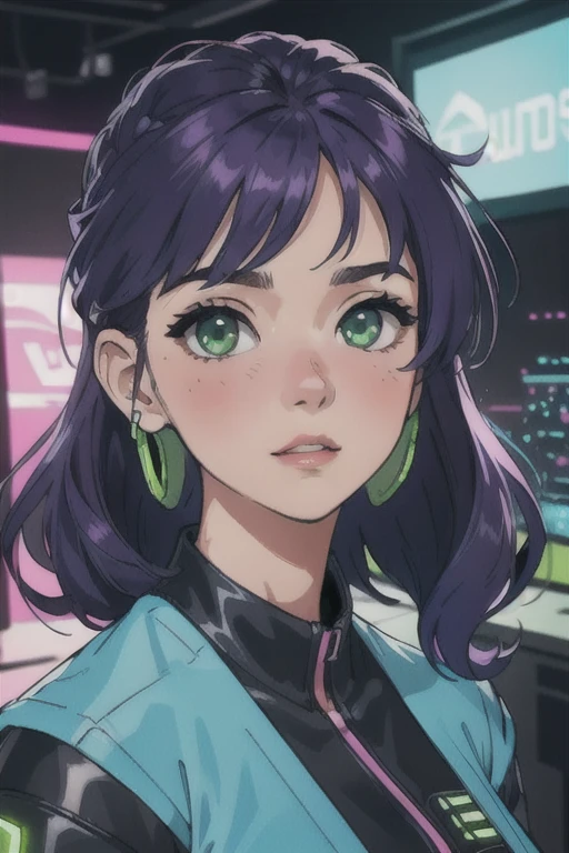 work of art, best qualityer, 4K, standing alone, 20 year, 1 girl, neon gamer room background, beautiful  face,  side of the face 3/4, beautfull woman, Realistic Anime, shorth hair, wavy, middle-parted bangs, fantasy purple hair, blue headset on head, long eyelashes, lime green eyes, surprise amazement, blush on cheeks, position 3/4 of the face, light green blouse, photo pose with face turned to the side