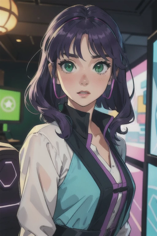 work of art, best qualityer, 4K, standing alone, 20 year, 1 girl, neon gamer room background, beautiful face, side of the face 3/4, beautfull woman, Realistic Anime, shorth hair, wavy, middle-parted bangs, fantasy purple hair, blue headset on head, long eyelashes, lime green eyes, surprise amazement, blush on cheeks, position 3/4 of the face, light green blouse, photo pose with face turned to the side
