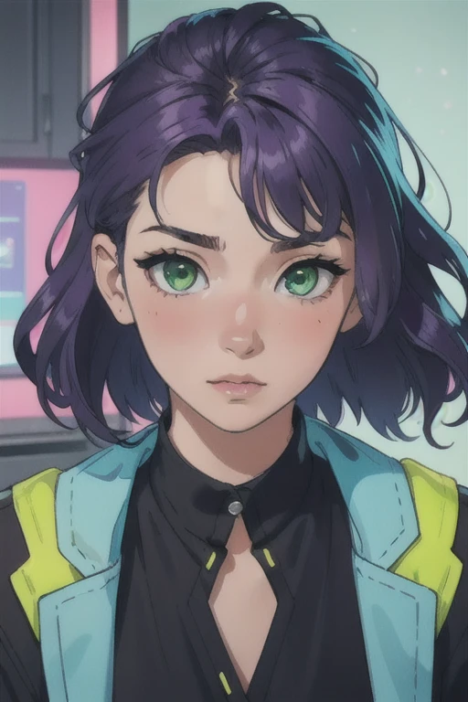 work of art, best qualityer, 4K, standing alone, 20 year, 1 girl, neon gamer room background, beautiful  face,  side of the face 3/4, beautfull woman, Realistic Anime, shorth hair, wavy, middle-parted bangs, fantasy purple hair, blue headset on head, long eyelashes, lime green eyes, surprise amazement, blush on cheeks, position 3/4 of the face, light green blouse, photo pose with face turned to the side