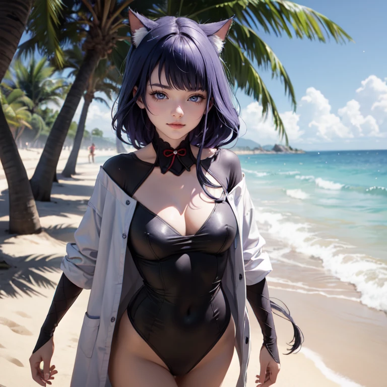 Raiden Shogun, Genshin Impact, 1 girl, ornament hair, swim suit, gloves, wave hair, long hair, braided hair, purple hair, beach scene, sea on focus, white swim suit, more details on her clothes, sea, smiling, ornament hair, long hair, palm trees, Looking at the viewer, flowing hair, Beautiful Eyes, Plump and glossy lips, white swim suit with too many frills, beach, beach scenery, sparkle, solo, centered girl, cowboy shot, perfectly body, perfectly hands, two arms, two legs, two hands, five fingers, perfect anatomy, glowing hair, cat ears, beach scene, upper body portrait