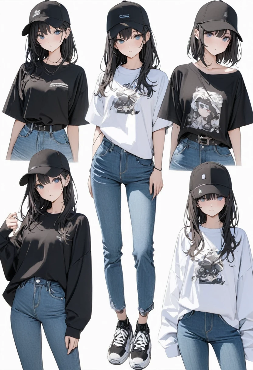 (masterpiece、Highest quality:1.2、8K)、Only one girl in the center、One person、Street style shirts、Denim pants、Black sneakers、whole body、Simple Background、White background、Eyes are clearly visible