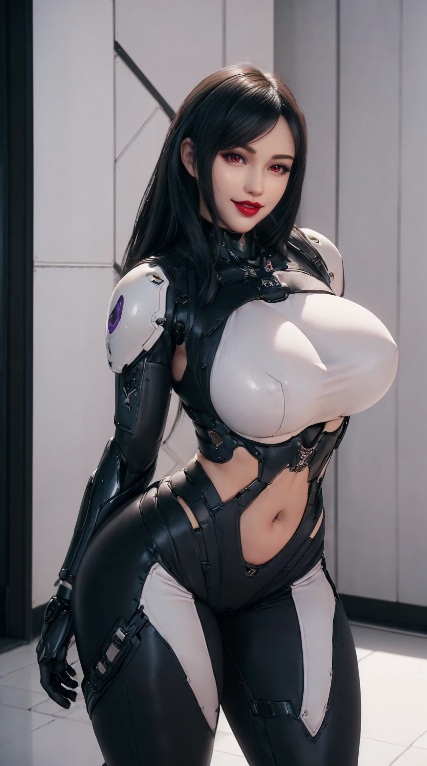 (1GIRL,SOLO:2), (super detailed face), ((BIG BUTTOCKS, HUGE FAKE BREASTS:1.5)), (CLEAVAGE TOP:1.5), (MUSCLE ABS FEMALE:1.4), (MECHA GUARD ARM:1.5), ((WEARING BLACK PURPLE OVERWATCH MECHANICAL SHINY HEAVY ARMORED CROP TOP, BLACK MECHA SKINTIGHT SUIT PANTS, MECHA GUARD ARMOR LEGS, HIGH HEELS:1.5)), (LEWD VOLUPTUOUS BODY:1.3), (GLOWING SKIN:0.8), (LONG LEGS, FULL BODY:1.1), (LOOKING AT VIEWER:1.3), (female focus:0.886), (WALKING DOWN HALLWAY OF FUTURISTIC SPACE STATION:1), (BRIGHT LIGHT WHITE_ROOM:1.3), SUPER TEXTURE, UNREAL ENGINE RENDER, PHYSICALLY-BASED RENDERING, ULTRA HIGHT DEFINITION, 16K, 1080P.