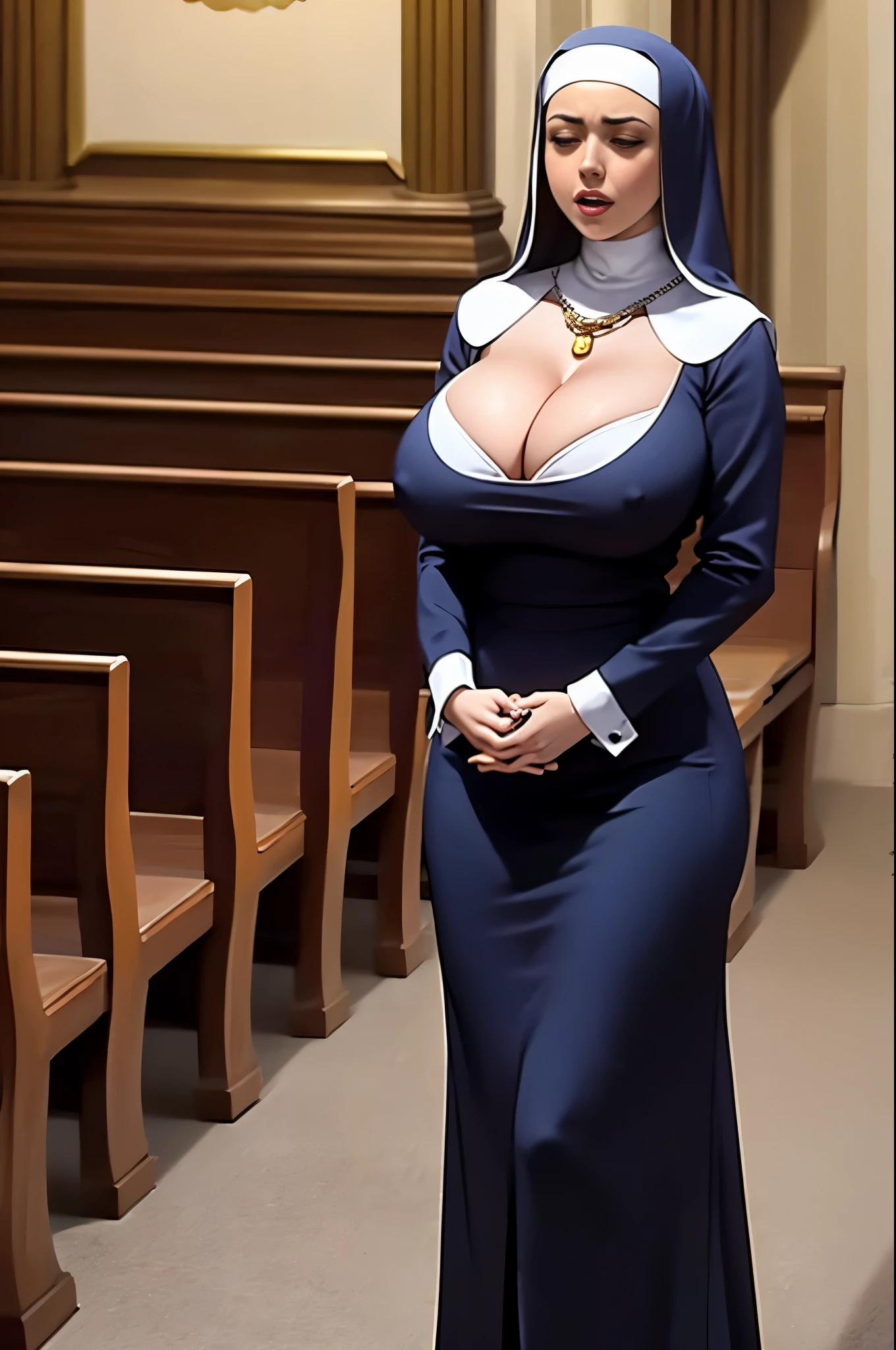 Aubrey Plaza, in Cathederal, pews in background, wearing nun habit, sexy nun outfit, big breasts, (big breasts:1.2), cleavage, holding prayer beads,