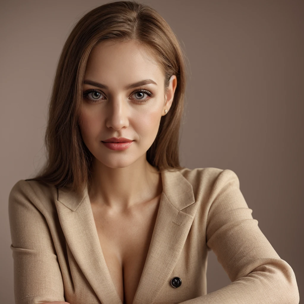 a professional woman, consultant, friendly and warm expression, crossed arms, detailed face, beautiful eyes, beautiful lips, elegant clothes, confident pose, warm lighting, photorealistic, high quality, detailed textures, studio lighting