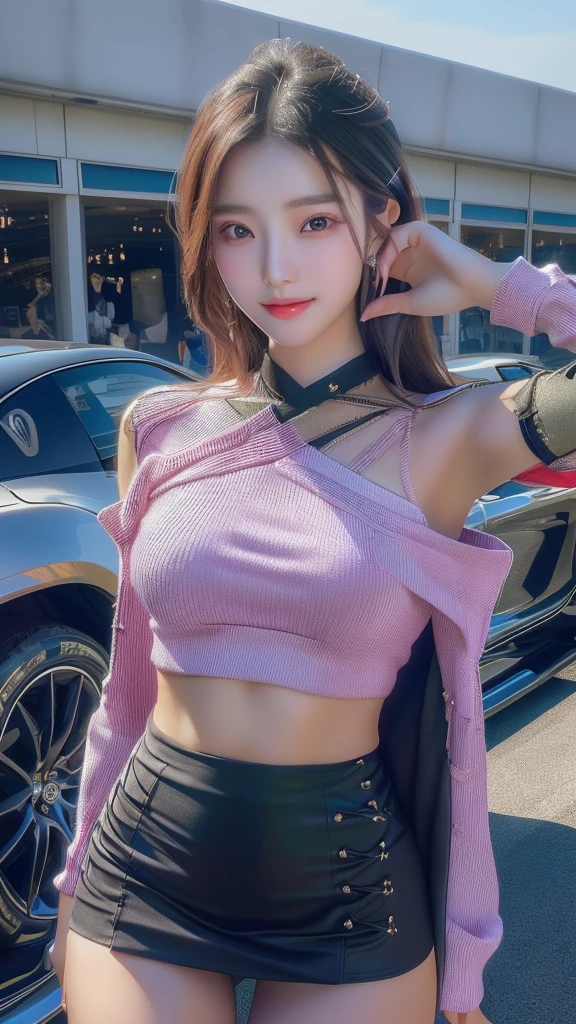 a woman in a short skirt posing for a picture in front of a car, gorgeous young korean woman, korean women's fashion model, korean girl, beautiful south korean woman, beautiful asian girl, gorgeous chinese model, wearing a sexy cropped top, gorgeous lady, tight outfit, sexy girl, beautiful young korean woman, korean woman, asian girl, chinese girl