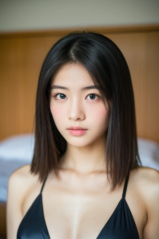 lens: 135mm f1.8,(Highest quality), (Beautiful  Japanese girl),  (Moist lips), Narrow eyes, double eyelid,Delicate clavicle,Flat Chest,Black Hair、Mr.々Hair style、,
 (Let me me&#39;Let me&#39;Let&#39;s take another look),  shame, A faint smile,
(Stylish bedroom:1.2), Professional Lighting, 
(Half cup string bikini), (Sunburned skin:0.2),Full body photo、Full Body Focus、Natural skin texture