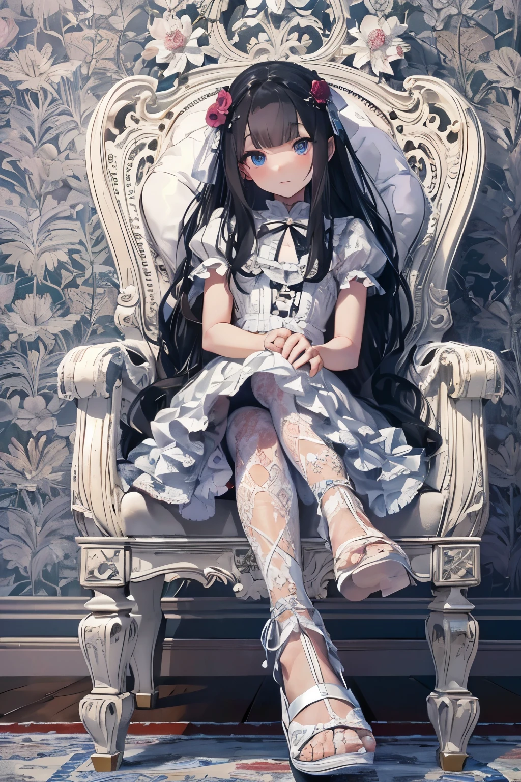 a beautiful 10 year old gothic ta girl with long black hair sitting on a royal white chair, her feet not touching the floor, (best quality,4k,8k,highres,masterpiece:1.2),ultra-detailed,(realistic,photorealistic,photo-realistic:1.37),HDR,intricate details,highly detailed face,beautiful eyes,fine detailed skin, ornate chair, dramatic lighting