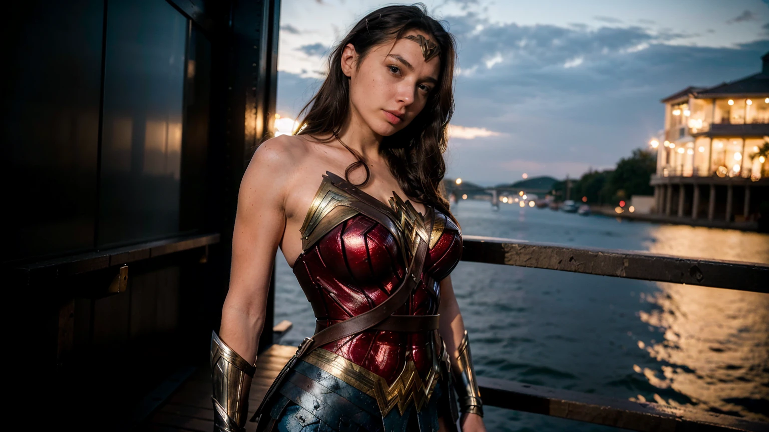 ((masterpiece), (solo character), (photorealistic:1.4), ),(best quality), (epiCRealLife), (g4lg), (g4lg large breasts), (g4lg show cleavages), (Gal Godot in wonder woman costume), (lora:epiCFlashPhoto),(flashphoto), (flash photography) (look at viewers), , (photoshoot), (wonder woman theme), (outdoor photoshoot), (night time), (Gal Godot lakeside), (boots)