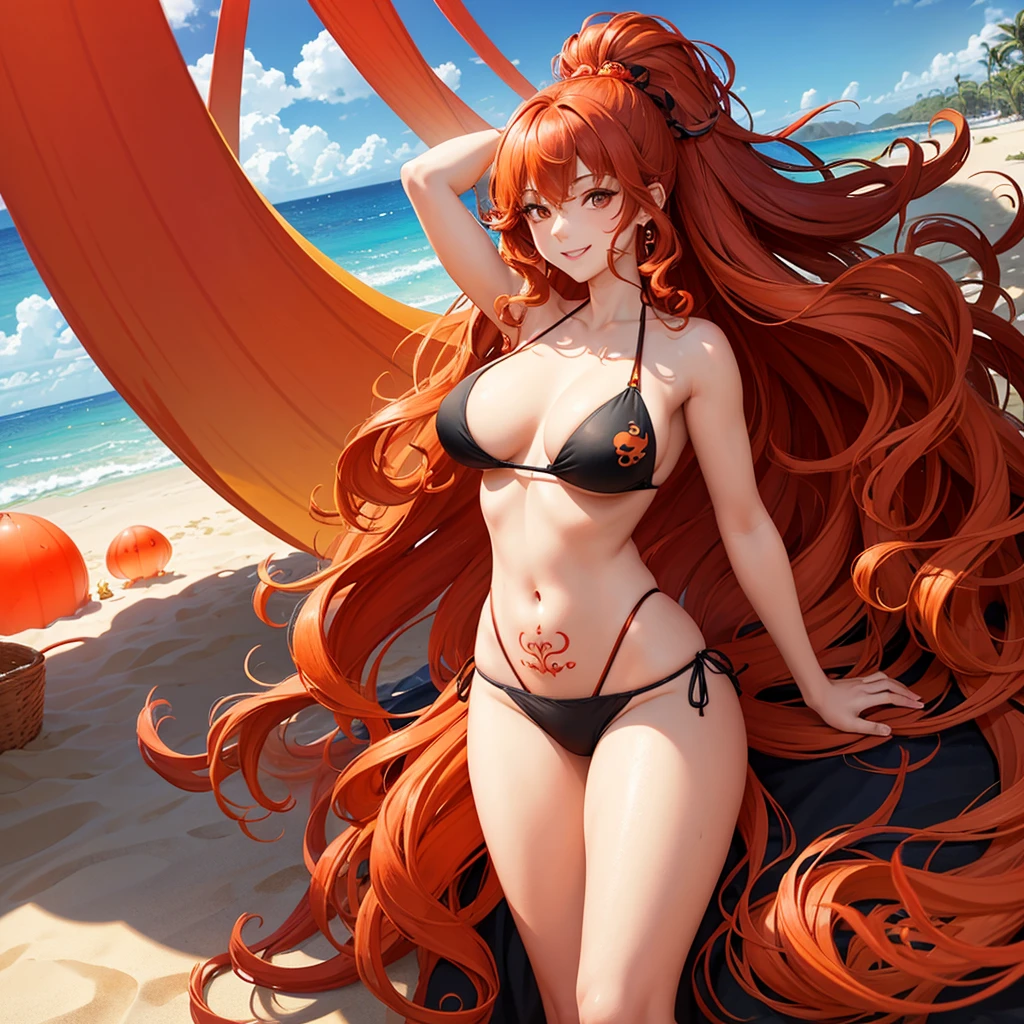 Curly hair woman, red and orange hair, black almond eyes, the expression is relaxed but with a smile,the background is a beach, with not so revealing clothes, with a tattoo of a jellyfish, long hair, an ear piercing 