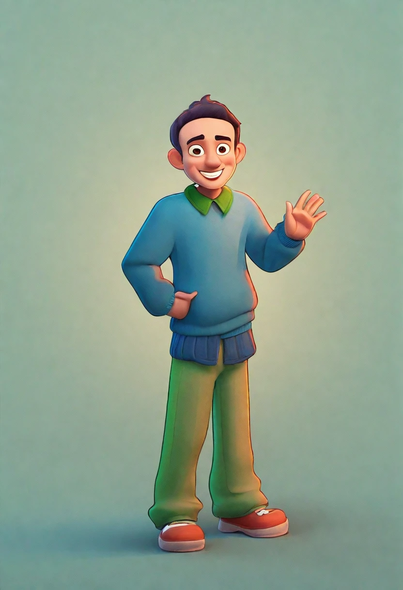 cartoon of a man in a blue sweater and green pants, animation character, full body character, pose casual, Full body portrait of the character, in cartoon style, full body of a single character, detailed character, unique full body character, character posing, full body character portrait, the character is standing, cartoon character, cartoon image, rotoscoped, cartoon style illustration, Full body photo