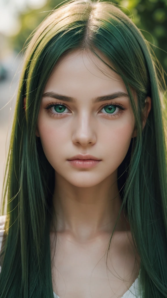 a girl. face sent feeling. Europe. Oval face. long face. delicate facial features. sad eyes. seductively seductive. green eyes. long straight hair. green hair. indifferent expression.