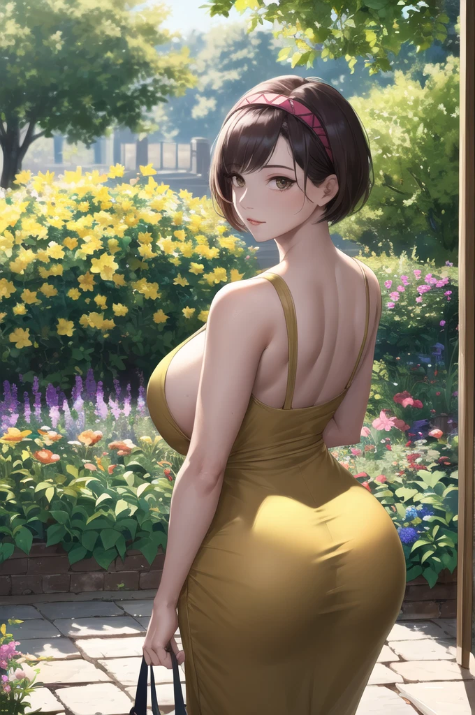 (masterpiece,best quality,absurdres,beautiful,aesthetic,detailed),outside,garden,flowers,dappled sunlight,1girl, big booty,tsukumo yatsuhashi, hairband,brown eyes,yellow sundress,looking at viewer