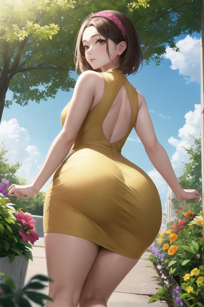 (masterpiece,best quality,absurdres,beautiful,aesthetic,detailed),outside,garden,flowers,dappled sunlight,1girl, big booty,tsukumo yatsuhashi, hairband,brown eyes,yellow sundress,looking at viewer