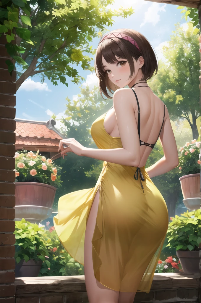 (masterpiece,best quality,absurdres,beautiful,aesthetic,detailed),outside,garden,flowers,dappled sunlight,1girl, big booty,tsukumo yatsuhashi, hairband,brown eyes,yellow sundress,looking at viewer 