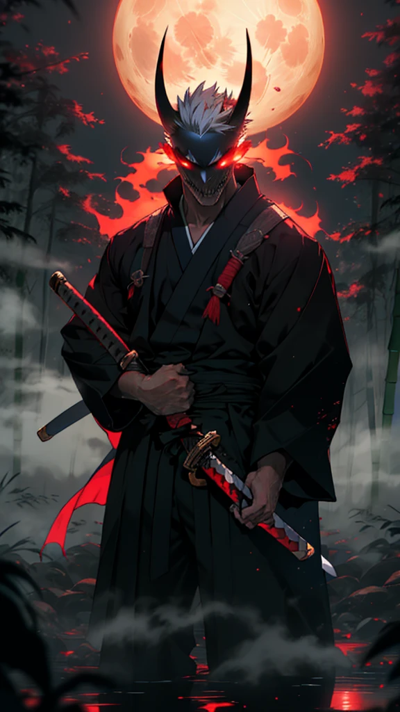 (Elaborate horned mask:1.2),(dark,devil) atmosphere,(mysterious,Unlucky,Sandy) texture,devilのキャラクター1体,Sharp teeth,Bright red eyes,Long sharp horns,Pale skin,Black nails,overgrown dark forest,Unlucky moonlight,Thick Fog,不気味なatmosphere,Blood red color scheme,An unforgettable shadow,Spooky fog,Horror genre,Nightmare,Dynamic Lighting,High Contrast,Spiritual sensation,Bright colors、Better Quality,Super detailed),dark,Wet,Artificial raindrops falling,Ancient Japanese warrior standing in the rain,Traditional Japanese Bamboo Hat(fail),Dense forest landscape,Magnificent and serene nature,A full moon shining brightly in the night sky,A black kimono with fluorescent red stripes that glow in the moonlight,Sharpened samurai sword(Katana),White Hair,