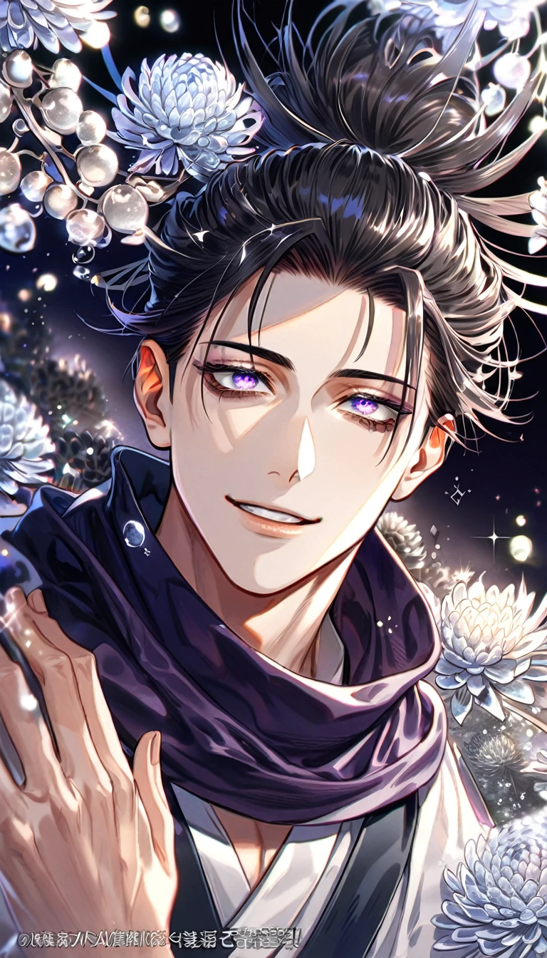 absurdres, highres, ultra detailed, HDR, master piece, best quality, extremely detailed, Choso, black hair, hair tied in two spiked high ponytails, expressive purple eyes, Jujutsu Kaisen, solo, sexy man, handsome, smile, white clothes, black scarf, fantasy, water, sparkling, silver glittering fireflies, silver moon, silver blossoms, silver chrysanthemums, silver sparkling lights, starry sky, magical
