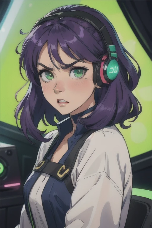 work of art, best qualityer, 4K, standing alone, 20 year, 1 girl, neon gamer room background, beautiful face, side of the face 3/4, beautfull woman, Realistic Anime, shorth hair, wavy, middle-parted bangs, fantasy purple hair, blue headset on head, long eyelashes, lime green eyes, anger, Angry, blush on cheeks, position 3/4 of the face, light green blouse, photo pose with face turned to the side