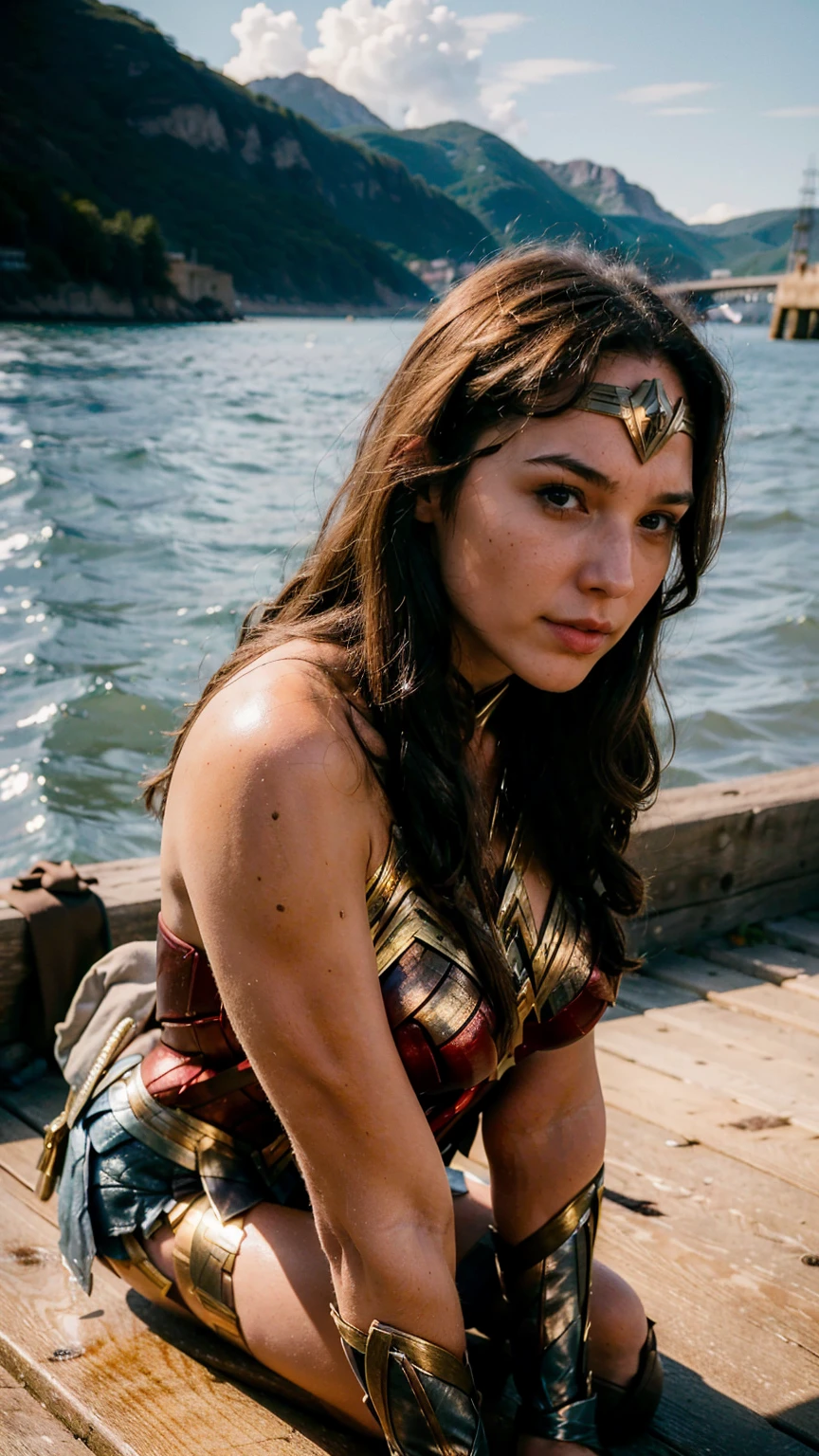 ((masterpiece), (solo character), (photorealistic:1.4), ),(best quality), (epiCRealLife), (g4lg), (g4lg large breasts), (g4lg show cleavages), (Gal Godot in wonder woman costume), (lora:epiCFlashPhoto),(flashphoto), (flash photography) (look at viewers), , (photoshoot), (wonder woman theme), (outdoor), (daytime), (Gal Godot lakeside), (g4lg kneeling on pier), (from side)