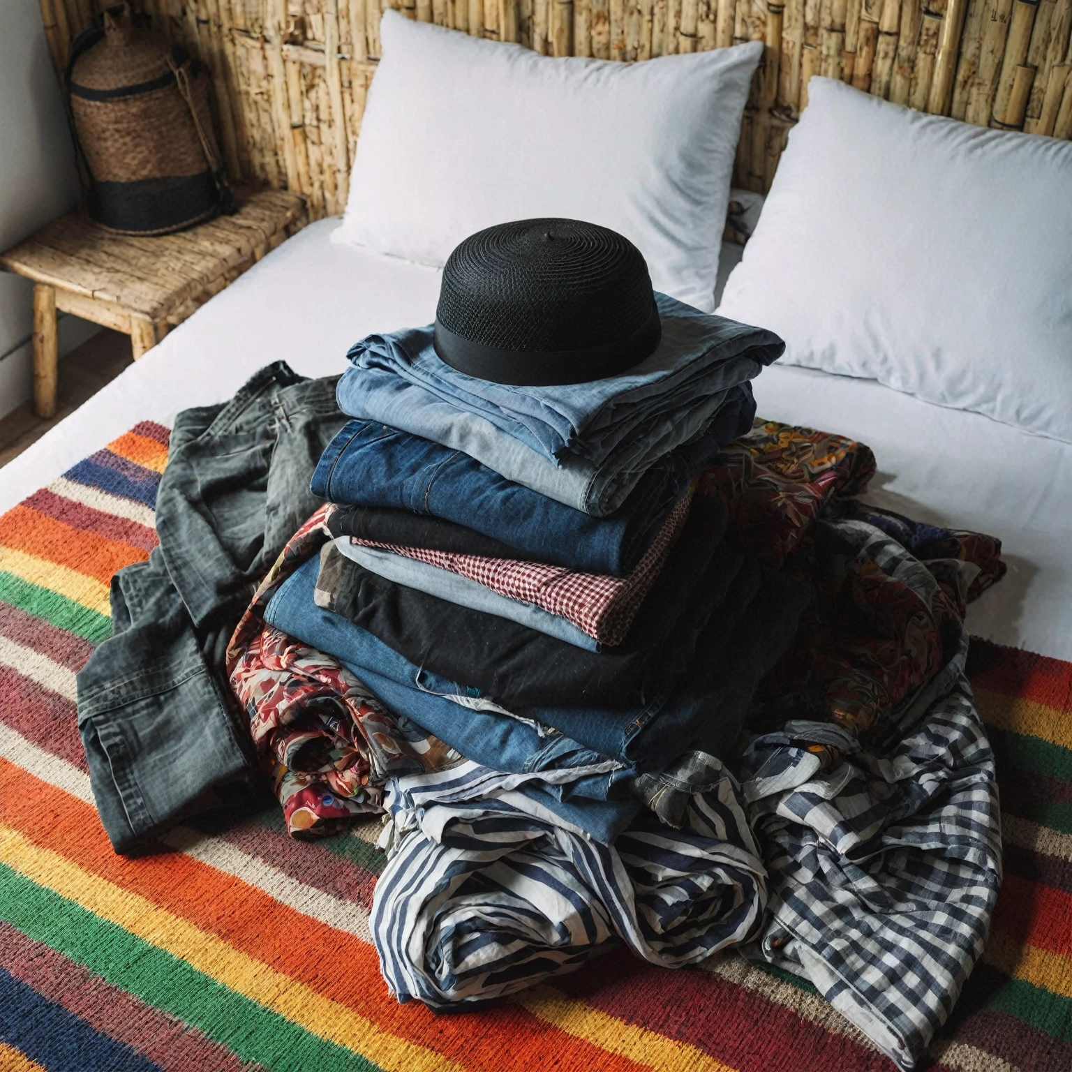 A pile of men's clothes, jeans, sarongs and a black Muslim hat were seen on a mattress with colorful stripes. The atmosphere in the bedroom had white woven bamboo walls.