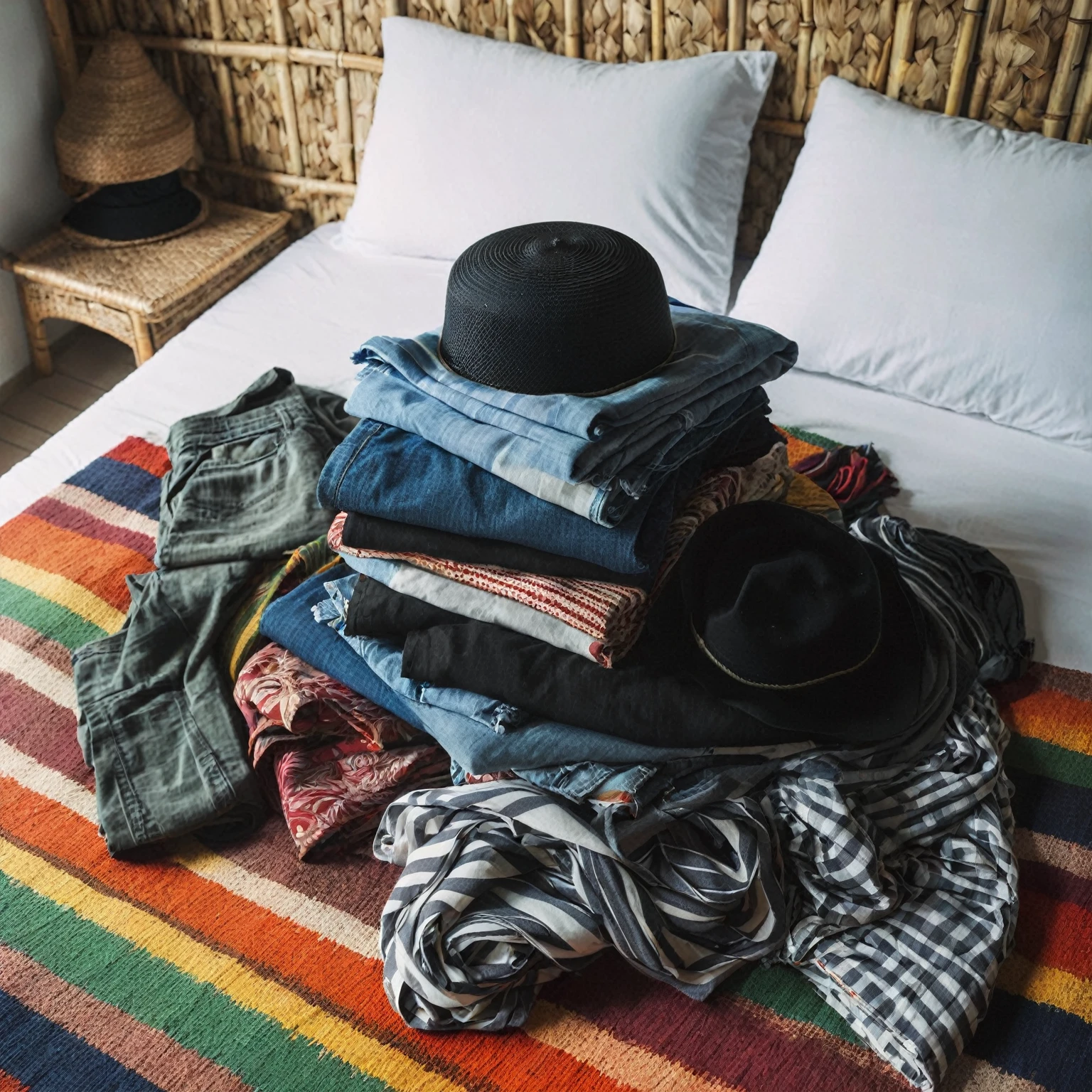 A pile of men's clothes, jeans, sarongs and a black Muslim hat were seen on a mattress with colorful stripes. The atmosphere in the bedroom had white woven bamboo walls. 