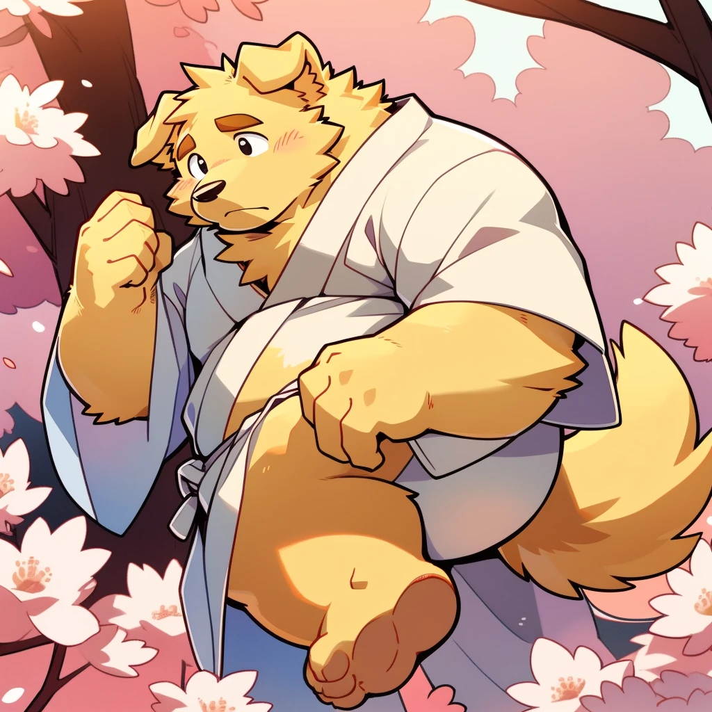 Scribble Golden Retriever face,Cute face,Humanity(Golden Retriever),(White Kimono:1.3),Chubby,(Brown eyebrows:1.1),(Perfect black eyes),（artist:Takemoto Arashi）,(Bulging buttocks)，Cherry blossoms，Sad expression，Wolf Tail。