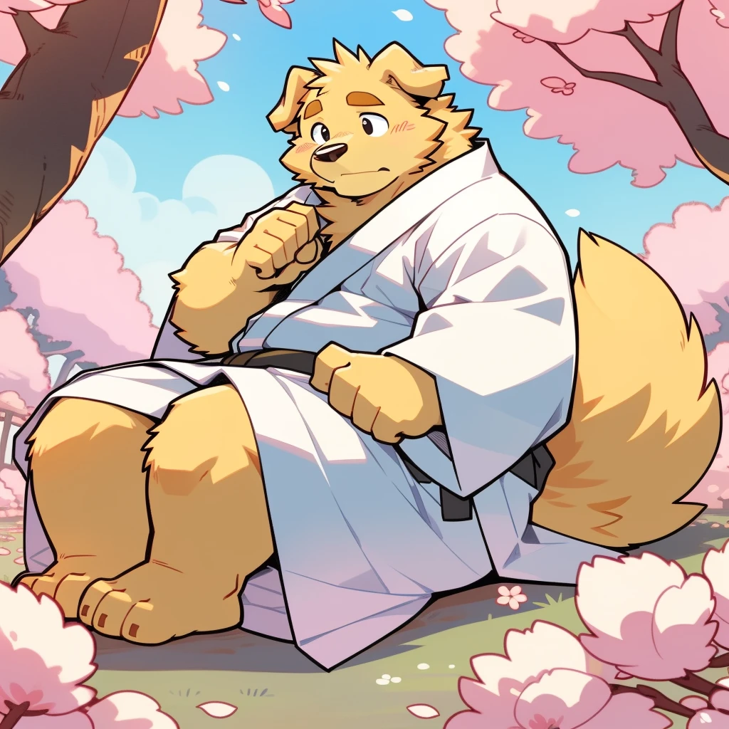 Scribble Golden Retriever face,Cute face,Humanity(Golden Retriever),(White Kimono:1.3),Chubby,(Brown eyebrows:1.1),(Perfect black eyes),（artist:Takemoto Arashi）,(Bulging buttocks)，Cherry blossoms，Sad expression，Wolf Tail。