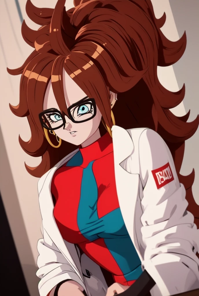 (masterpiece, best quality), 1girl,   android21, 1girl, solo, blue eyes, brown hair, long hair, curly hair, hair between eyes, jewelry, hoop earrings, glasses,, checkered dress, two-tone dress, multicolored dress, tight dress, turtleneck, black pantyhose,, labcoat, long sleeves,