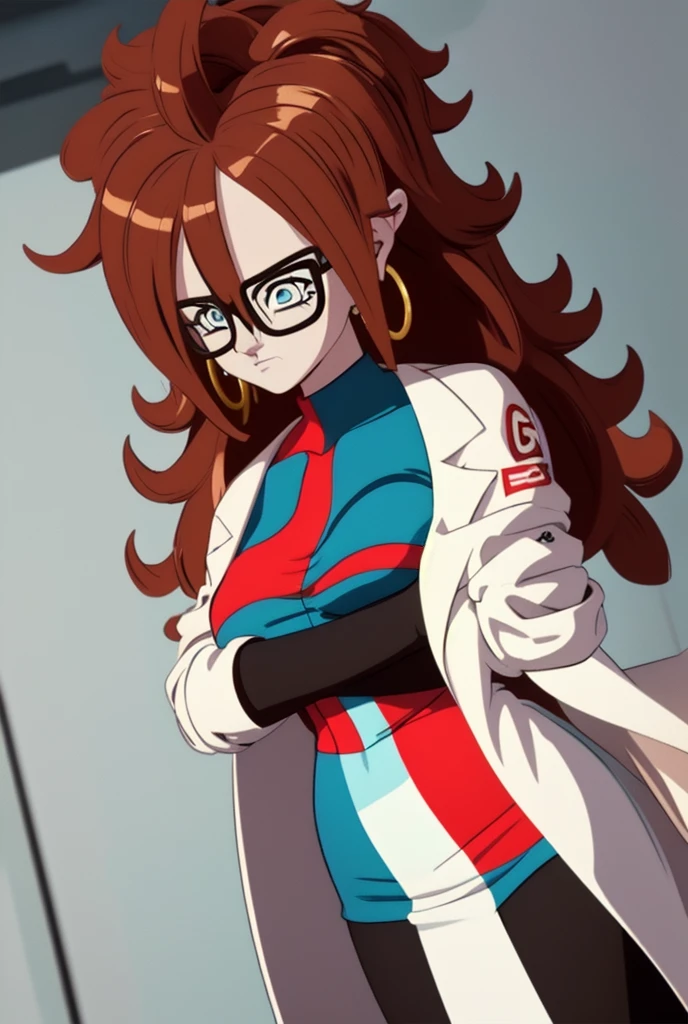 (masterpiece, best quality), 1girl,   android21, 1girl, solo, blue eyes, brown hair, long hair, curly hair, hair between eyes, jewelry, hoop earrings, glasses,, checkered dress, two-tone dress, multicolored dress, tight dress, turtleneck, black pantyhose,, labcoat, long sleeves,