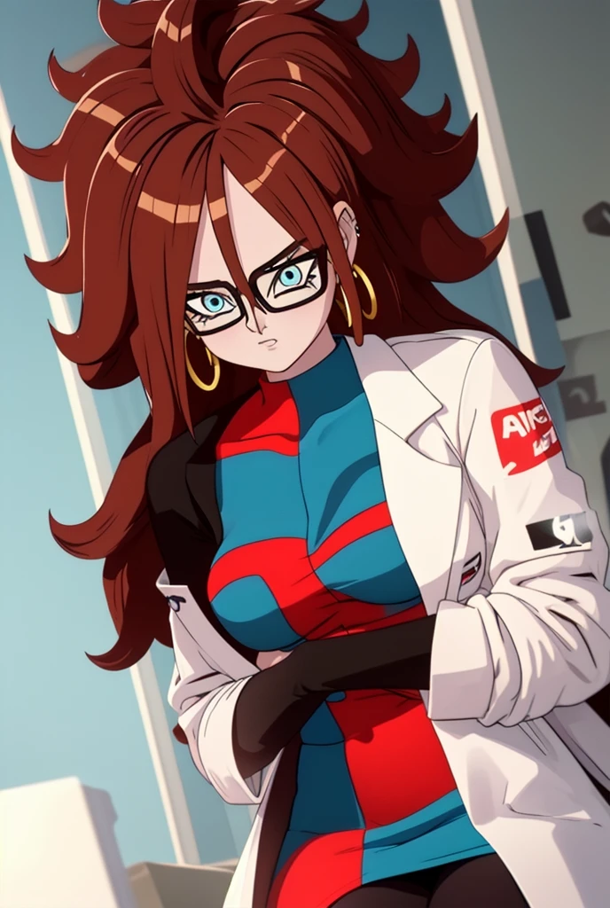 (masterpiece, best quality), 1girl,   android21, 1girl, solo, blue eyes, brown hair, long hair, curly hair, hair between eyes, jewelry, hoop earrings, glasses,, checkered dress, two-tone dress, multicolored dress, tight dress, turtleneck, black pantyhose,, labcoat, long sleeves,