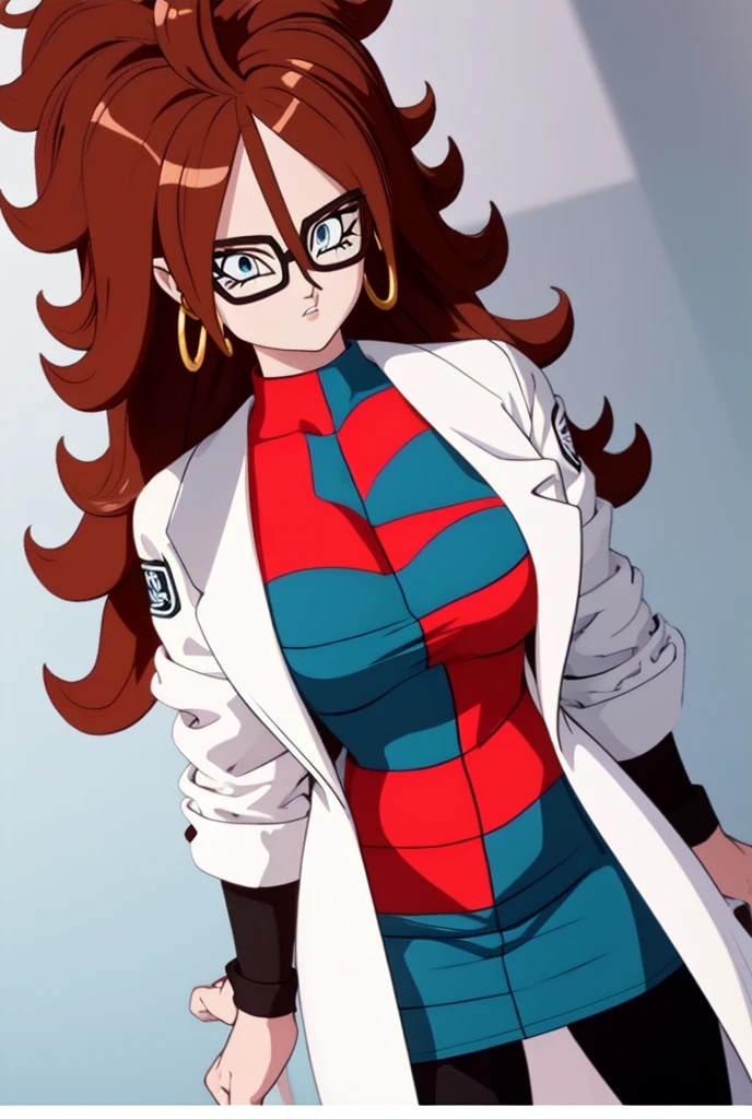 (masterpiece, best quality), 1girl,   android21, 1girl, solo, blue eyes, brown hair, long hair, curly hair, hair between eyes, jewelry, hoop earrings, glasses,, checkered dress, two-tone dress, multicolored dress, tight dress, turtleneck, black pantyhose,, labcoat, long sleeves,