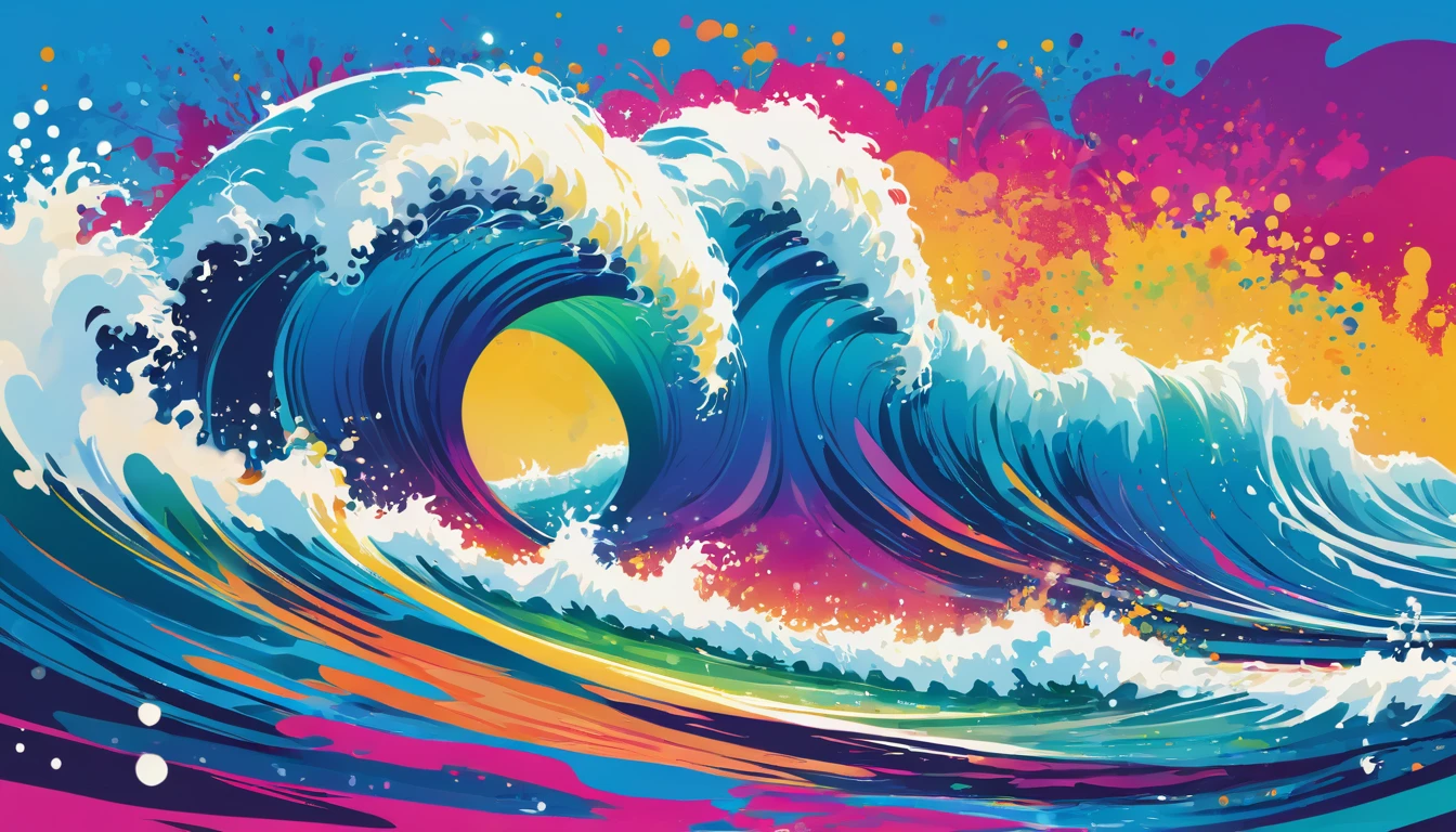 Vector art, A colorful illustration with lots of waves, in the center, Vibrant colors, Paint splatters and stains, High detail,Hawaiian style background