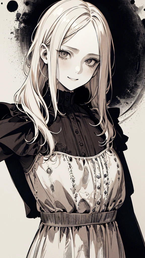 Highest quality, (Background details), High Contrast, Very beautiful  , Detailed original illustrations,very small stature、Baby Face、Villain、gnome,Villain、 Wavy platinum blonde hair、 Delicate face,  Spoiled brat、White sundress、Real breasts, Flat Chest、Crazy Smile, Crazy Eyes, Black background, (Black background: 1. 5), Beautiful line art, Monochrome