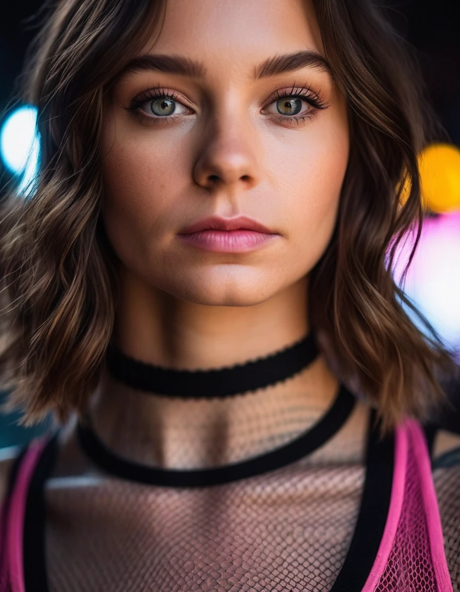 cinematic photo Mid-shot portrait of a beautiful ((ohwx woman)) in her 30s , with long hair, pink ultra mini crop visible , black choker, fishnet leggings, sexy panties, sexy body, big ass candid street portrait in the style of Martin Schoeller award winning, Sony a7R . 35mm photograph, film, bokeh, professional, 4k, highly detailed