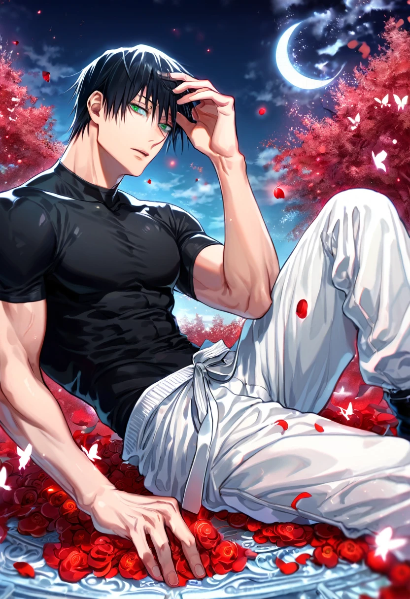 absurdres, highres, ultra detailed, HDR, master piece, extremely detailed, Fushiguro Touji, black straight hair, expressive green eyes, Jujutsu Kaisen, sexy man, handsome, best quality, crescent moon, red flowers, fantasy, magical, solo, red water, red shining fireflies, red petals, sitting, silver small butterflies, red dust, black tight shirt, white baggy pants
