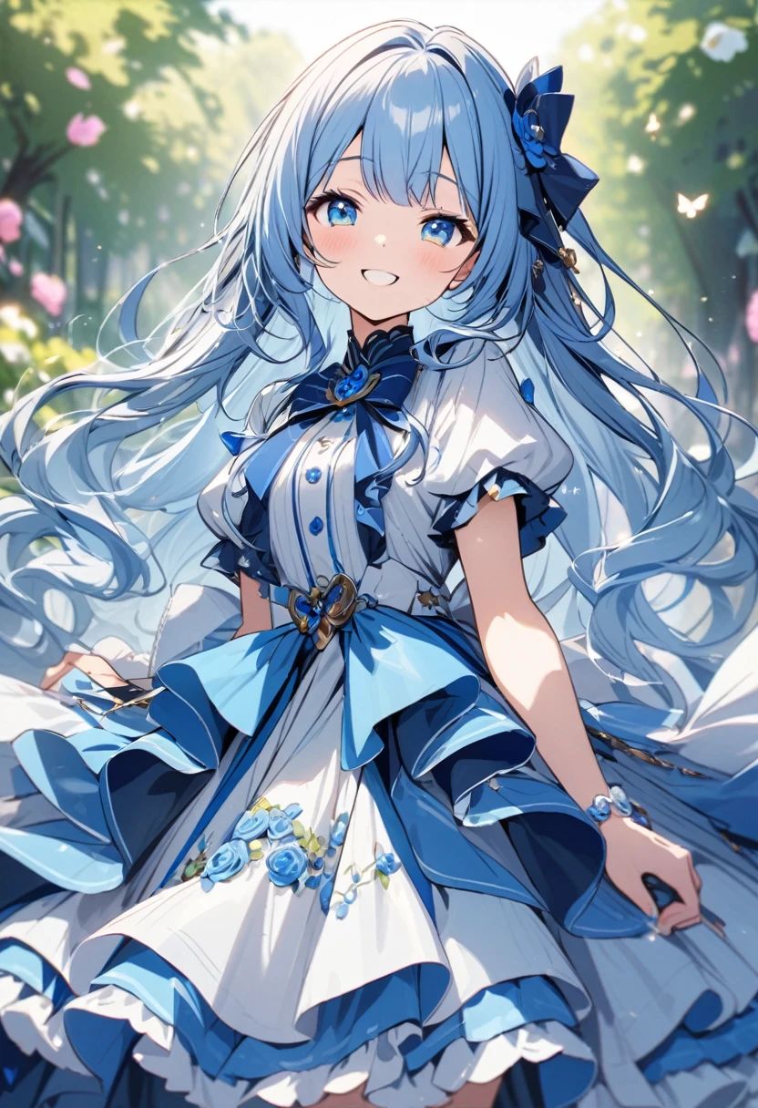 Cute smiling girl in a gorgeous blue Sanrio flowing skirt.